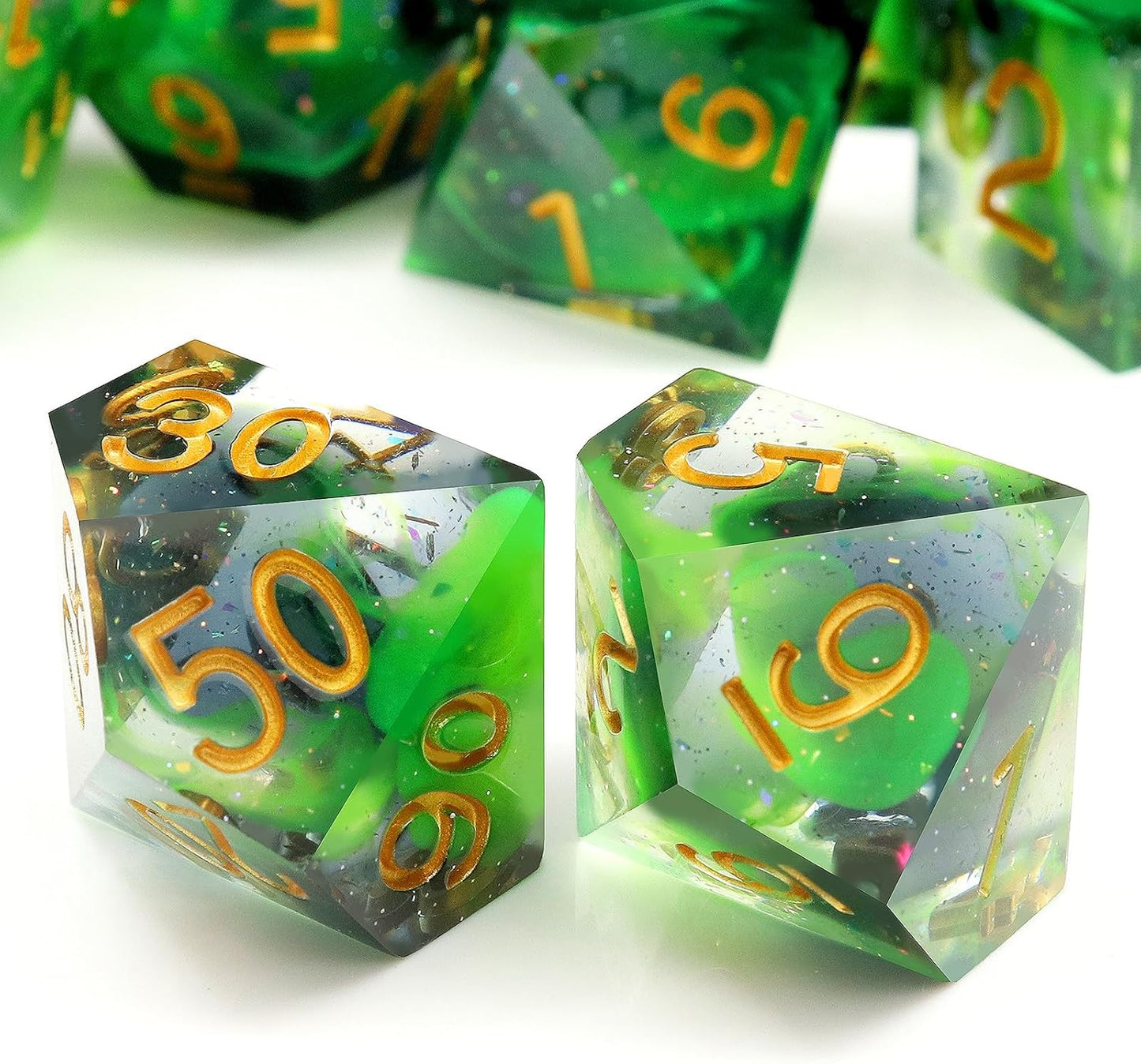 Haxtec Glitter DND Dice Set Sharp Edge Dice with Dice Case Handmade Green Resin D&D Dice Set for TTRPGs Compatible with Dungeons and Dragons Gifts