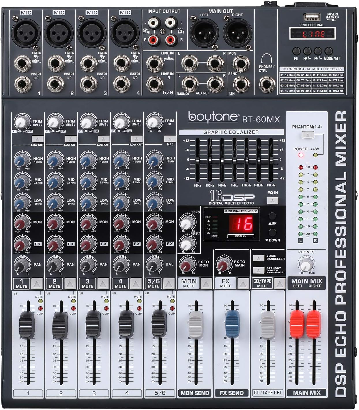 Boytone BT-60MX, 6 Channel Bluetooth Audio Mixer - DJ Sound Controller, USB MP3 Player, 4 XLR Microphone Jack, 7 Band EQ, 16 DSP Digital Multi Effects Processor, RCA IN-OUT Jack, 48V Phantom Power