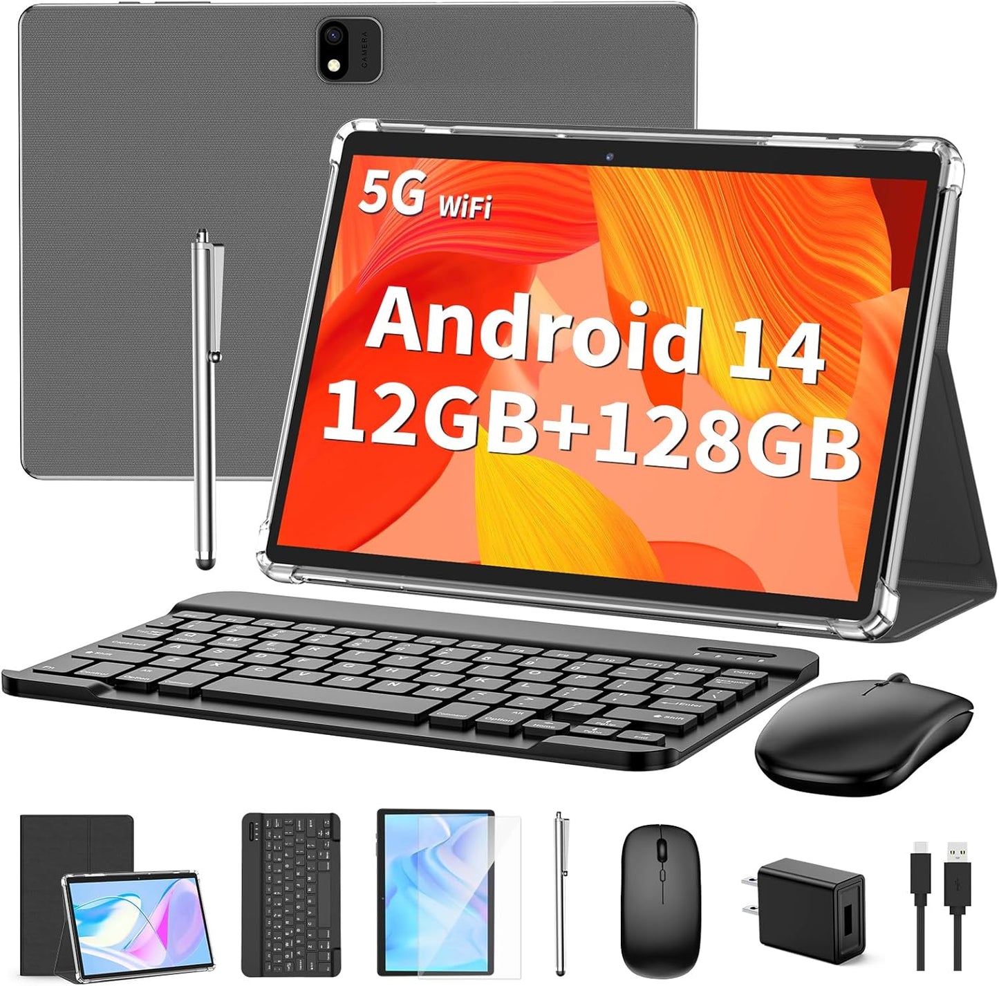 Android Tablet with Keyboard, Android 14 Tablet, 12(6+6) GB+128GB, 1TB Expand, 2 in 1, Mouse, Stylus, 8000mAh Battery, 2.4G/5G WiFi, GPS, Certified, Black Case