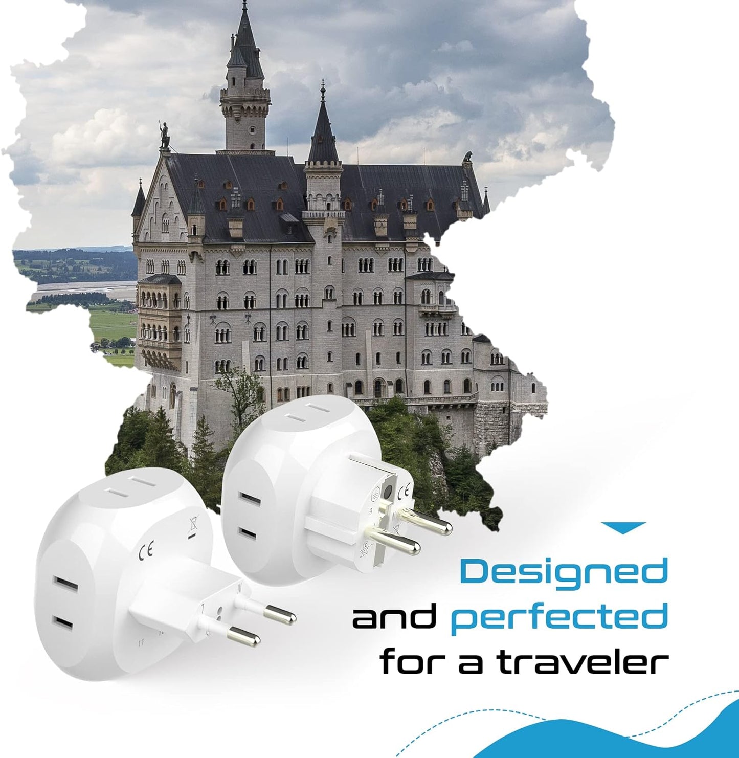 Ceptics Europe Travel Adapter Plug Set Schuko - 4 Input - Ultra Compact - Light Weight Type C, Type E/F - USA to Any Type C E/F Countries Such as Germany, France- 4 Pack (PT-9-9C-4PK),White
