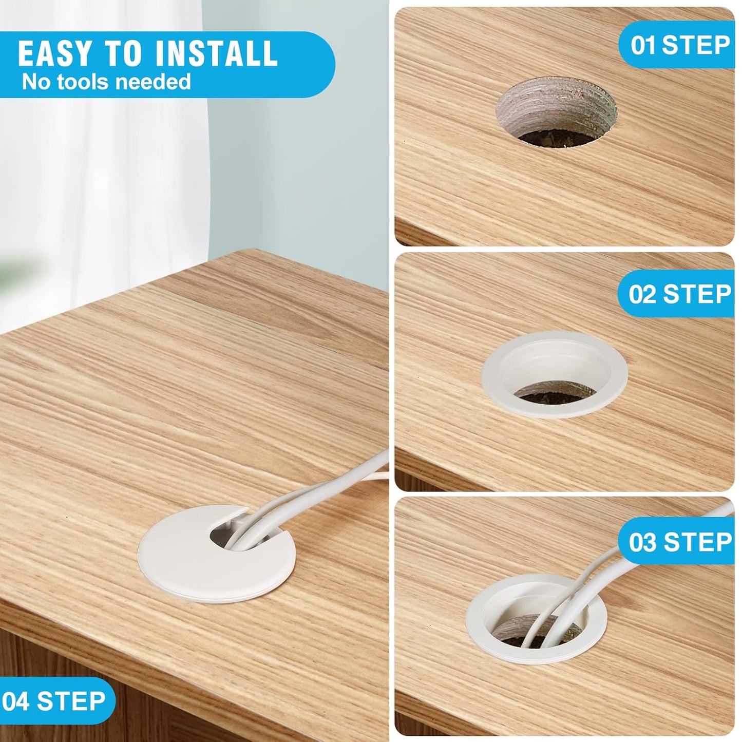 2" White Desk Grommet, JTemgle Plastic Cable Hole Cover Computer Table Cord Wire Organizer Caps Desktop Cord Management for Home Office TV Stands Tabletops, 2 Pieces