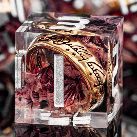 Magic Golden Ring DND Dice Set Sharp Edge Resin Dice with Case, Pink Flower Lord D and D Dice for use with D&D RPG Role Playing Games, Polyhedral Dice Set D20 D12 D10 D8 D6