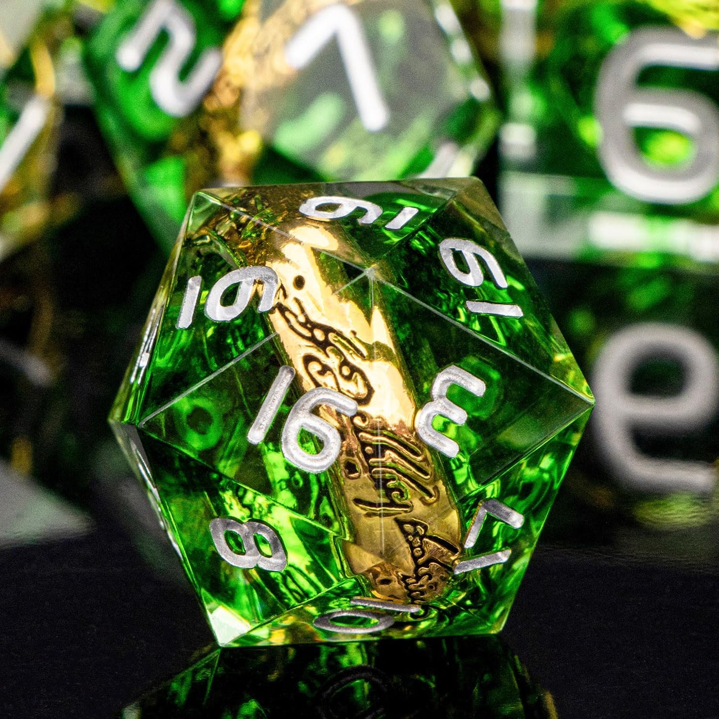 Magic Golden Ring DND Dice Set with Case, Green Resin Sharp Edge D and D Dice for use with D&D Tabletop Games Lord Handmade Polyhedral Dice Set D20 D12 D10 D8 D6 D4