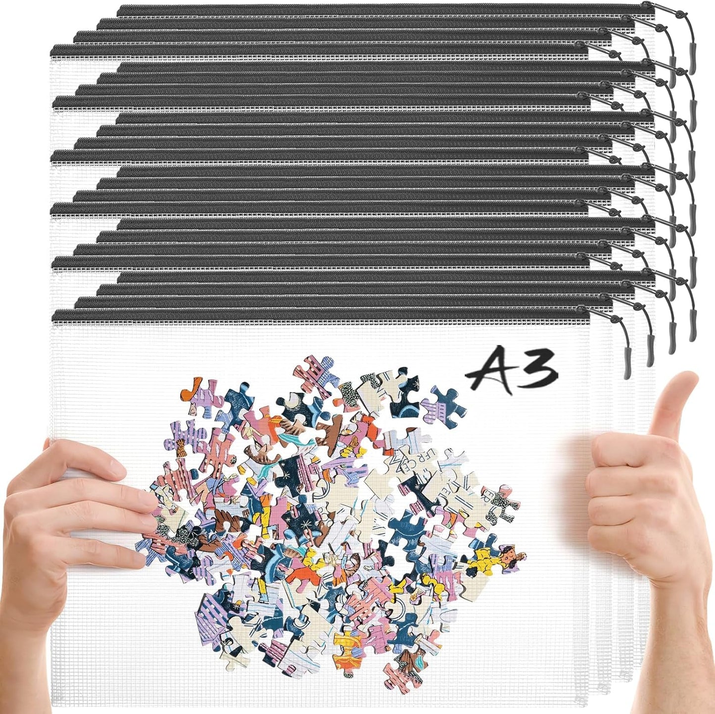 24pcs Mesh Zipper Pouch Puzzle Storage Bags A3 17x12 Inches Large File Bags Black Reusable Zipper Pouches for Organizing, Classroom Board Game Organization