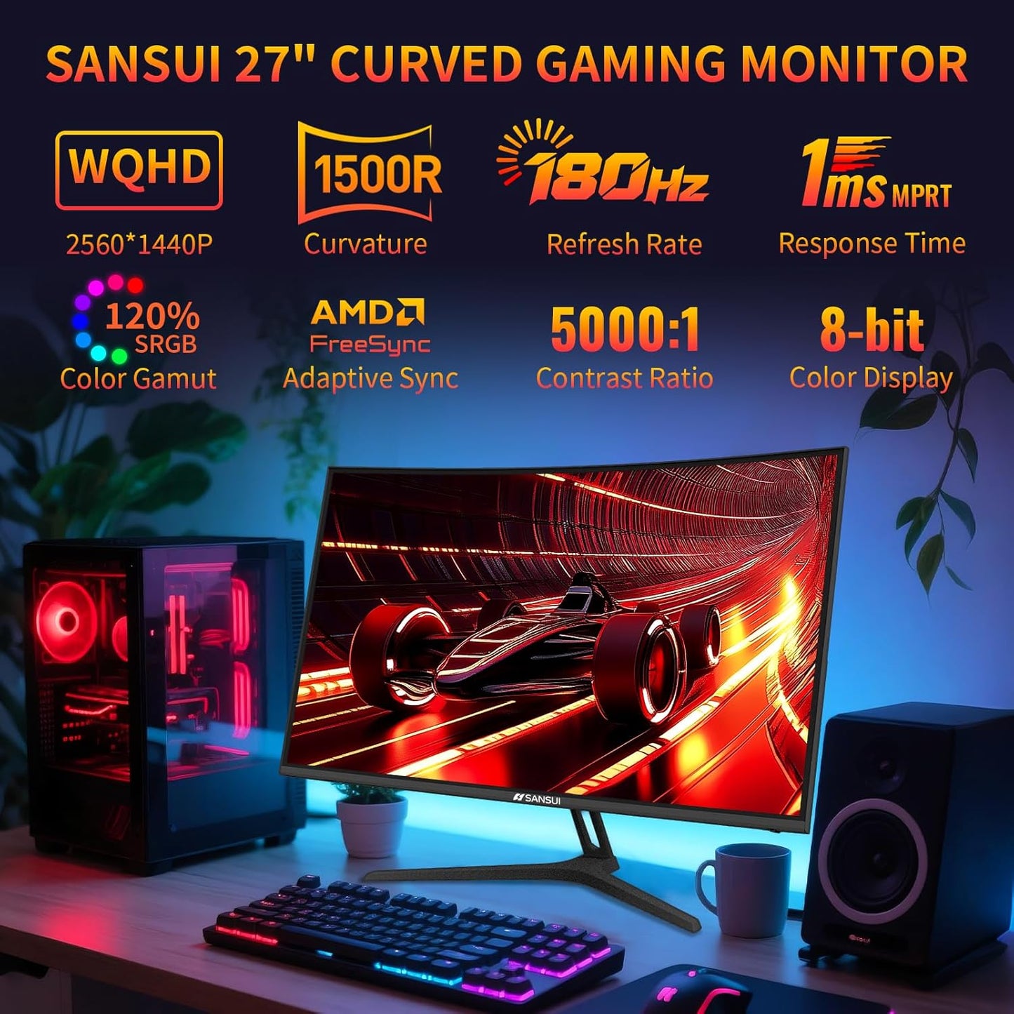 SANSUI 27 Inch WQHD 2560X1440 Curved Gaming Monitor, 180Hz MPRT 1ms Computer Monitor,HDMI2.0 * 2, DP1.2 * 2, Freesync, Curved 1500R, 5000:1 Contrast Ratio, 120% sRGB,HDR(ES-G27C1Q DP Cable Included)