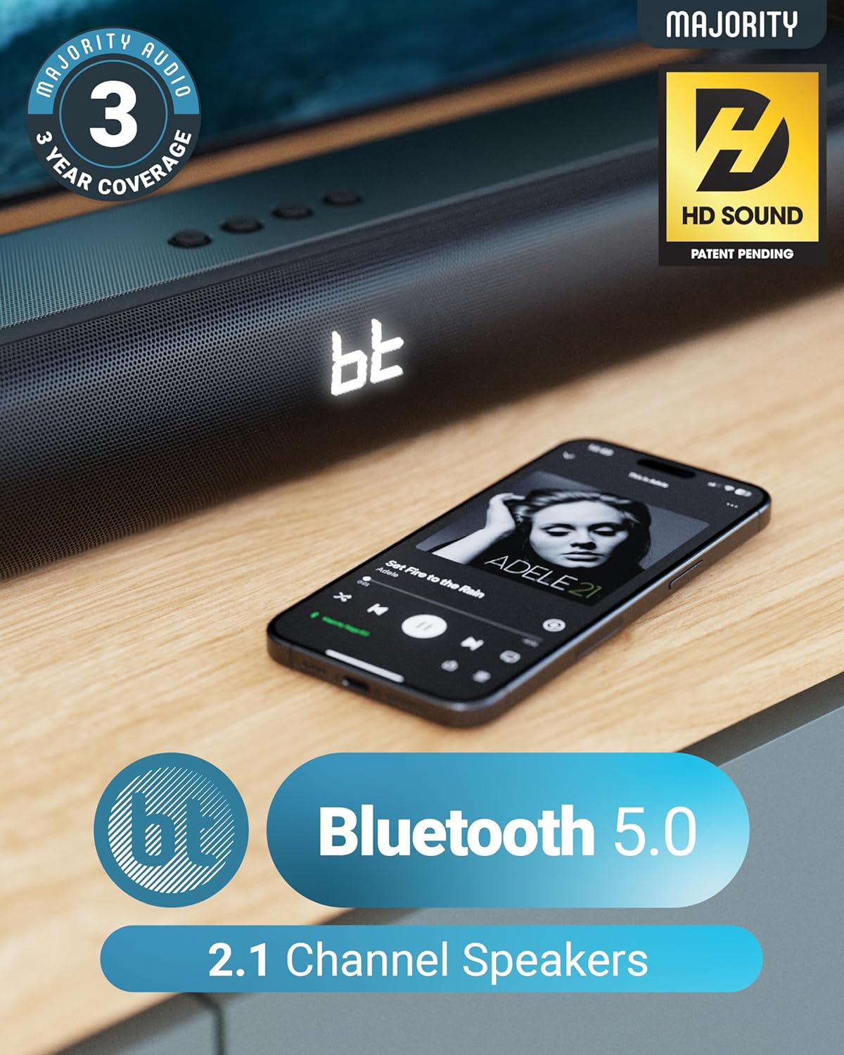 Majority Bluetooth 120W TV Sound Bar for Smart TV, 24 Inch, 2.1 Channel, 3D Sound with Built-in Subwoofer | EQ Control, HDMI Arc, Optical, AUX, Remote, and Wall Mountable Naga 60 Soundbar for TV