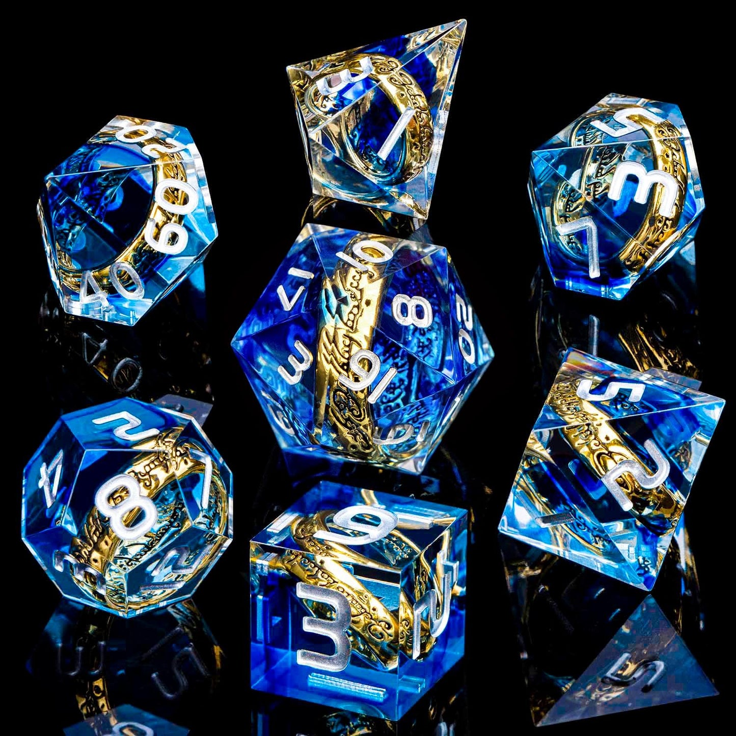 Magic Golden Ring DND Dice Set with Dice Box, Blue Resin Sharp Edge D and D Dice for use with D&D Tabletop Games Handmade Lord Polyhedral Dice Set D20 D12 D10 D8 D6 D4