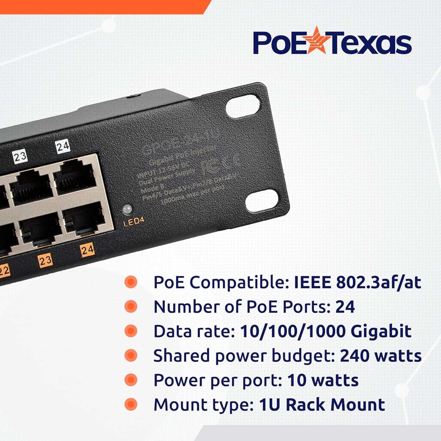 PoE Texas 24 Port PoE Injector - Multi-Port PoE Gigabit Rack Mount Midspan for IP Cameras, Phones, WiFi AP, Add Power Over Ethernet to Non-PoE Switch or Network Router, Includes 56v 240w Power Supply