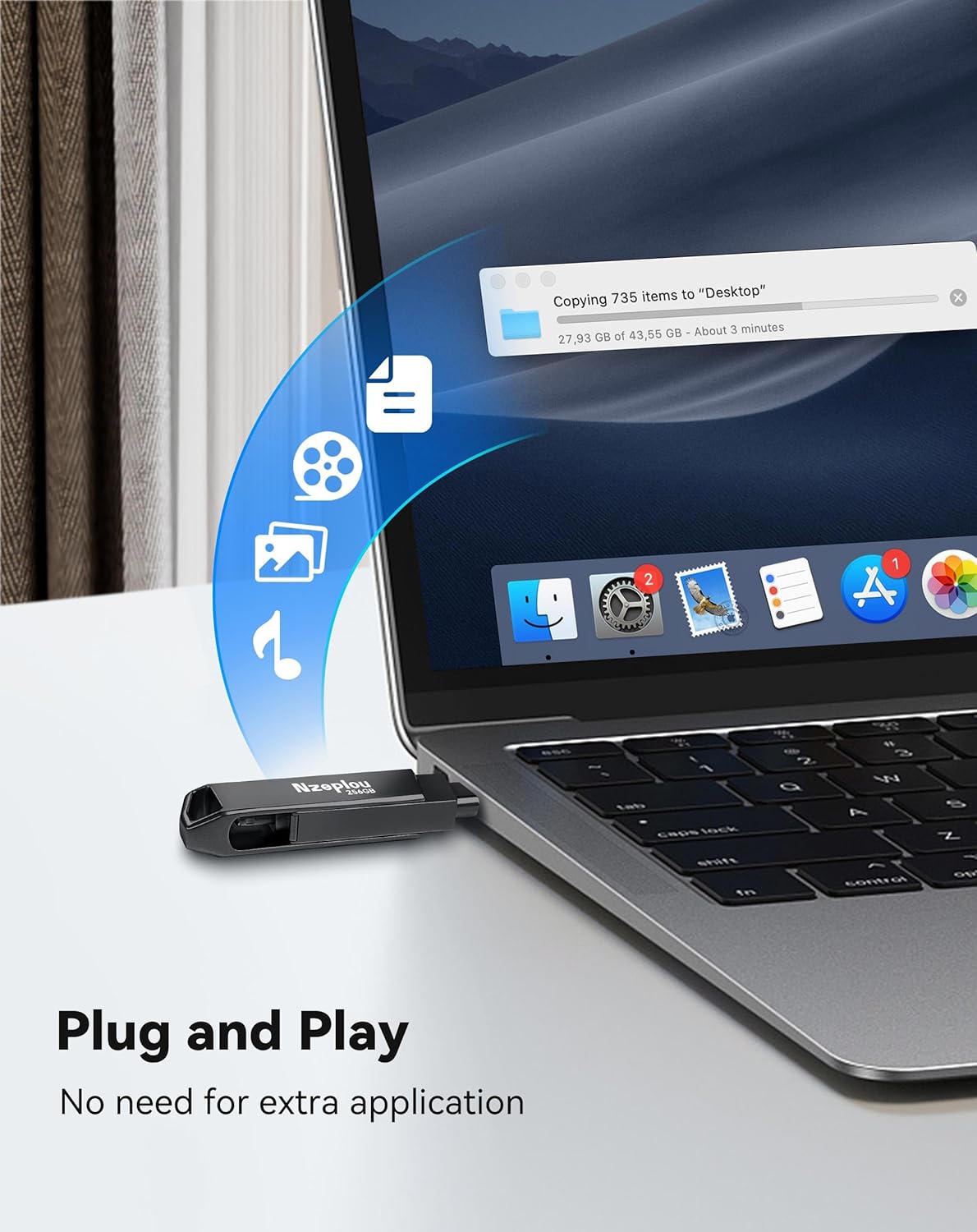 256GB Flash Drive for iPhone iPad, USB3.0 High-Speed Memory Stick No App Needed, Lightening & USB-C External Memory Storage for Photos Videos, Picture Backup Thumb Drive Plug & Play (Space Gray)