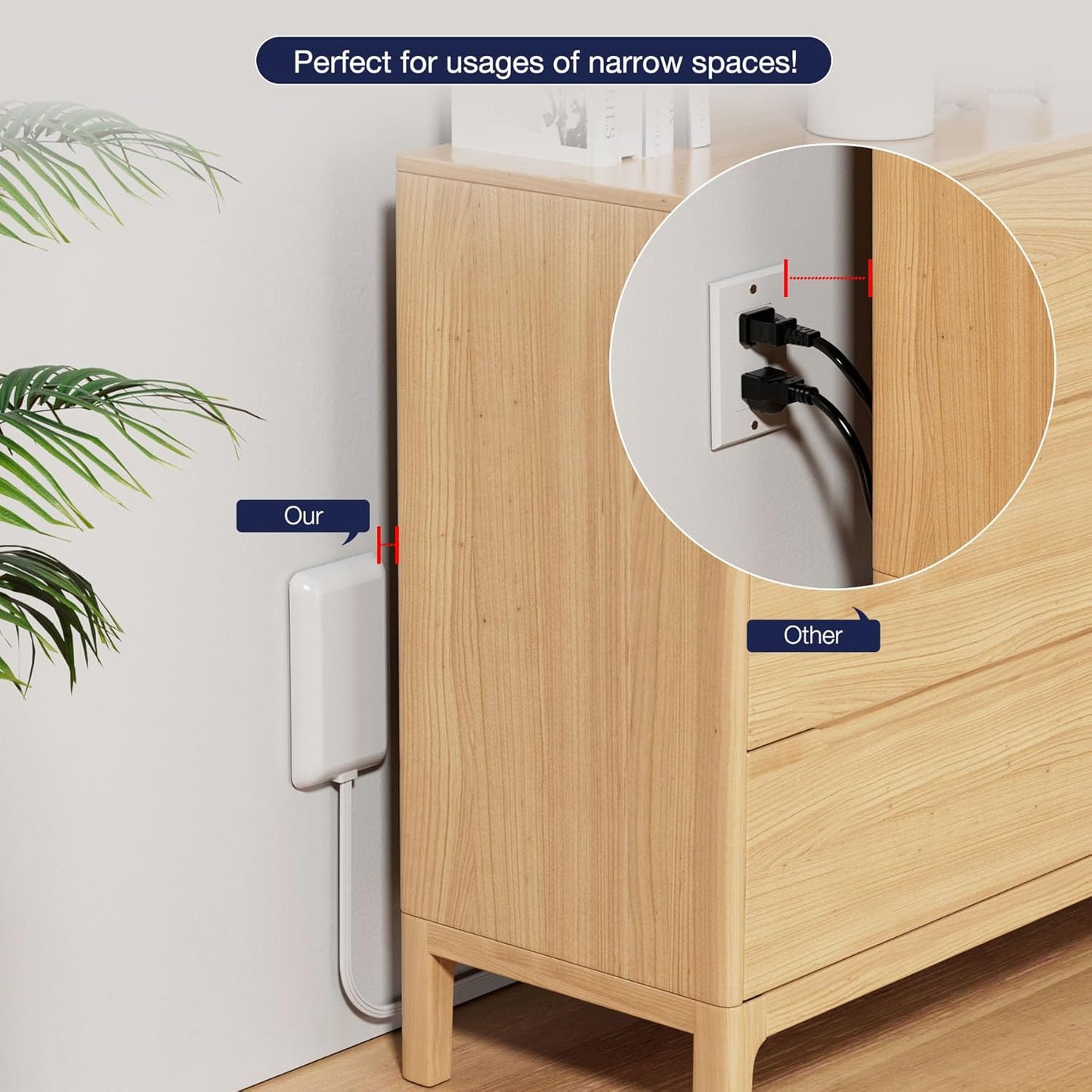 Flat Plug Power Strip 3FT - Ultra Thin Extension Cord White Wall Outlet Extender 3 Outlets with Baby Proofing Cover for Kitchen, Behind TV, Bedroom ETL Listed 13A 125V 1625W