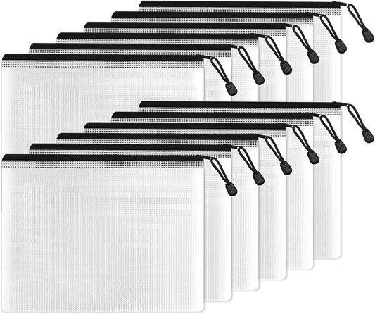 SUNEE Plastic Mesh Zipper Pouch 6x9 in (Black, 12 Packs),Extra Large Water-Resistant Zip Bag for School Office Supplies, Puzzles & Games Organizing Storage
