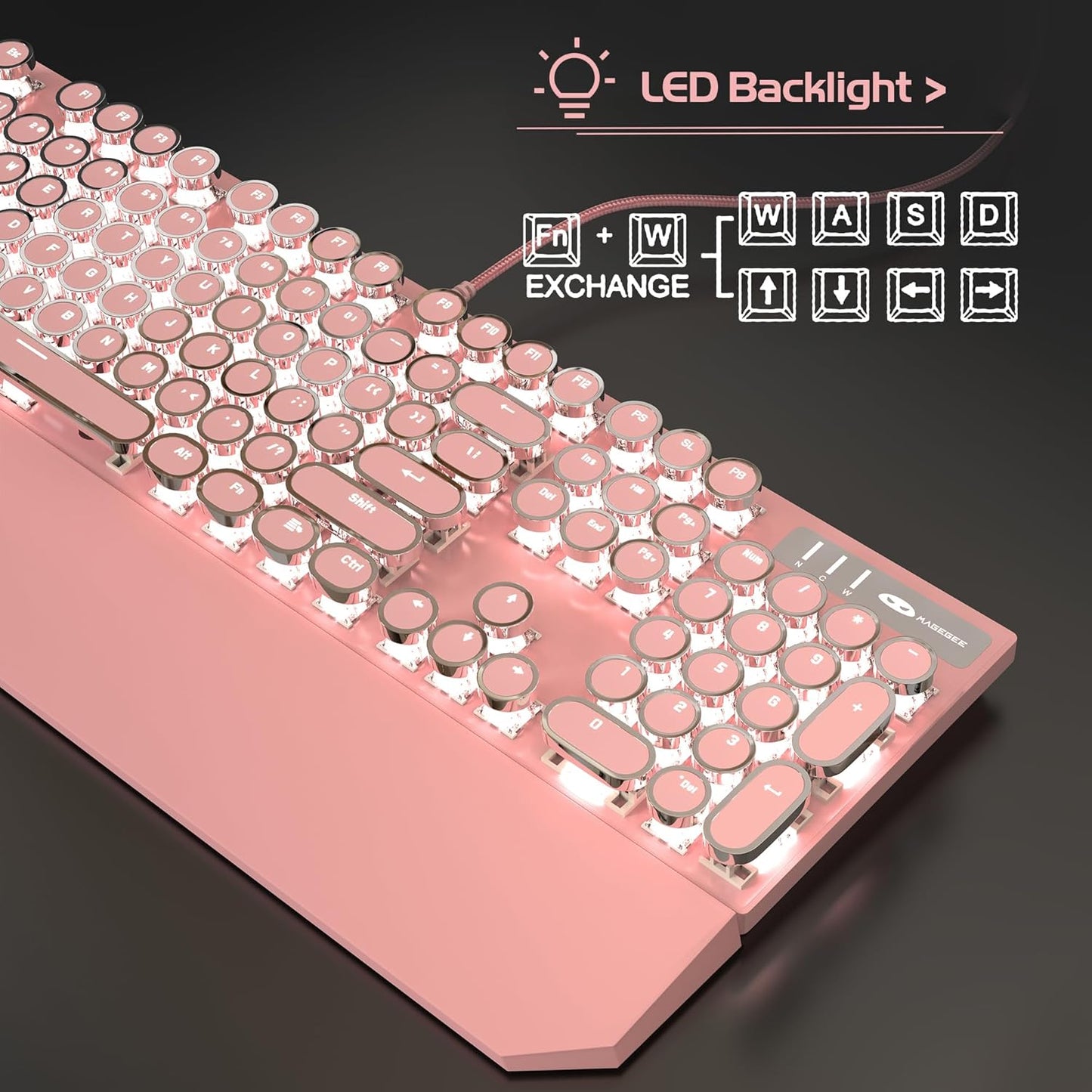 MageGee Typewriter Mechanical Gaming Keyboard, Retro Punk Pink Round Keycaps, 104 Keys LED White Backlit Wired Keyboards for Laptop MAC PC Gamer, with Magnetic Wrist Rest, Blue Switch