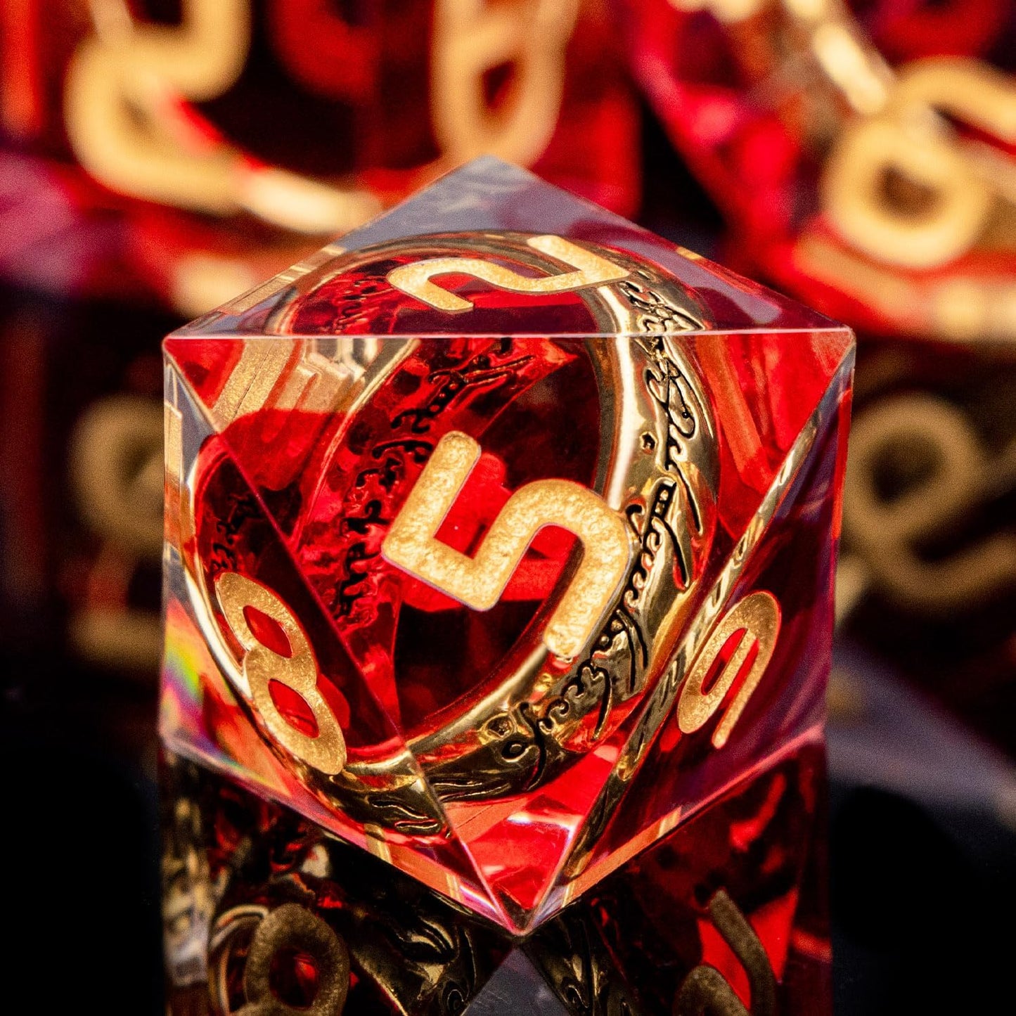 Magic Golden Ring DND Dice Set Sharp Edge Red Resin Dice with Box, for use with Dungeons Dragon RPG D&D Tabletop Games Lord D and D Polyhedral Dice Set