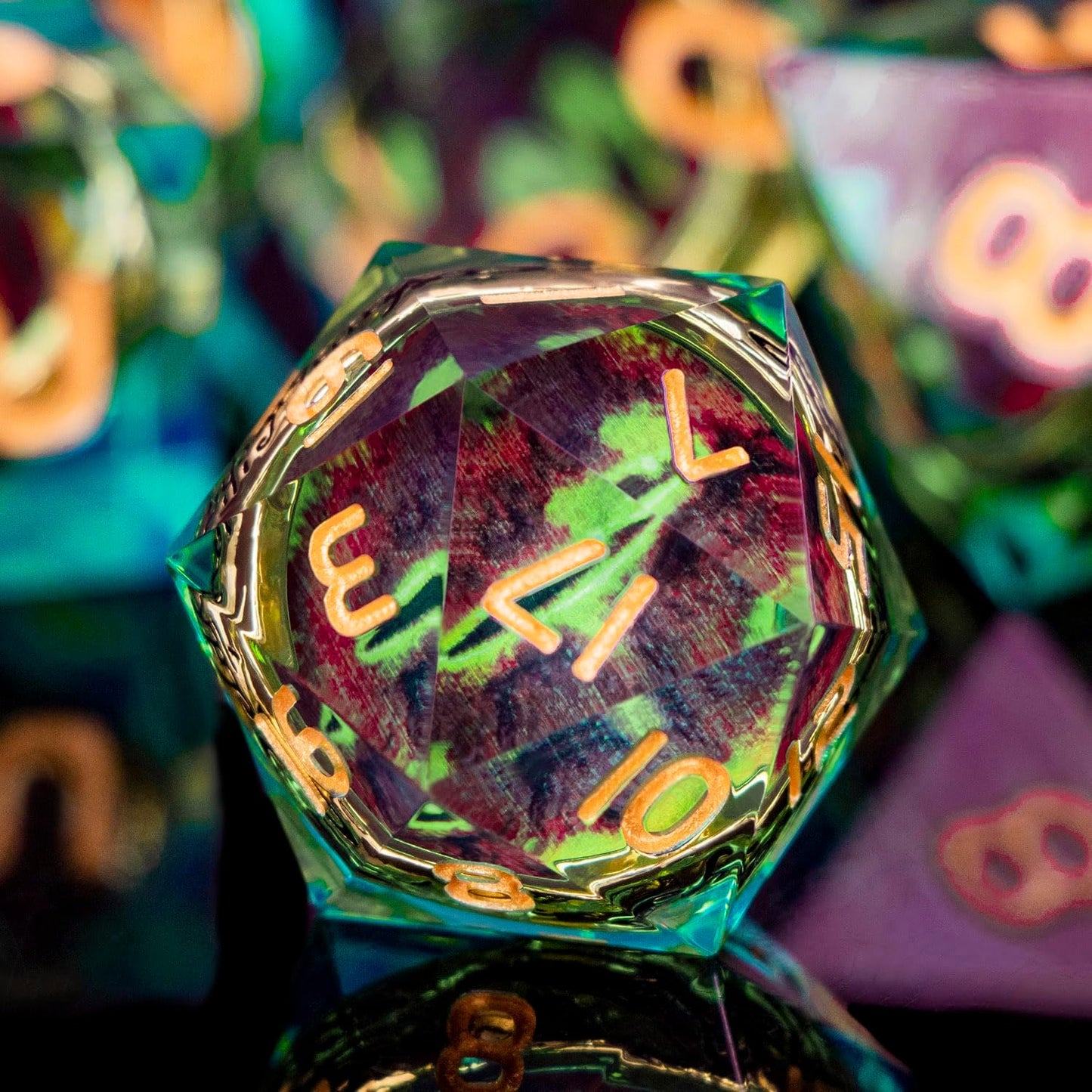 Magic Golden Ring DND Dice Set Sharp Edge Red Gaze Eye Resin Dice with Box, for use with RPG D&D Tabletop Games Lord Green D and D Polyhedral Dice Set