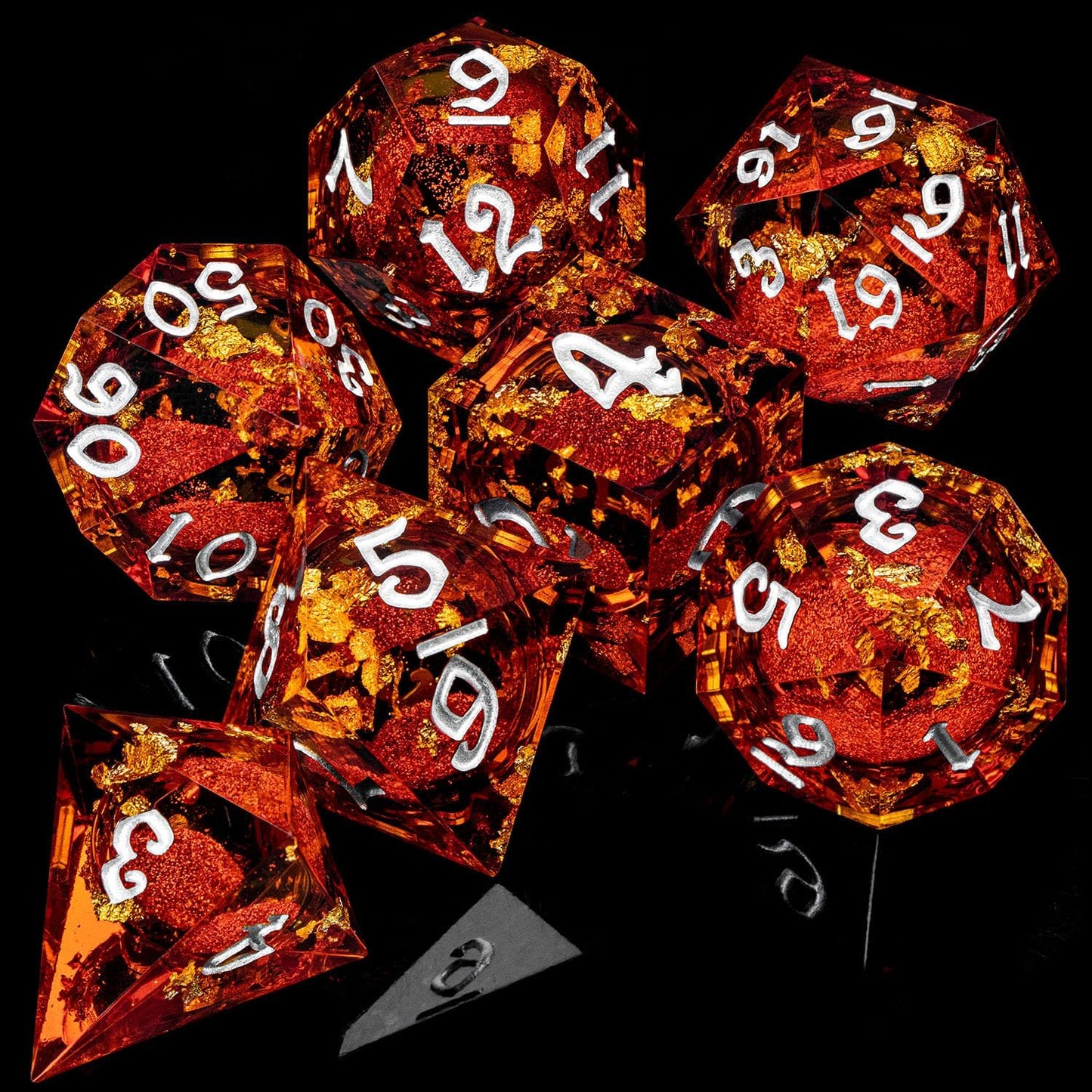 ARUOHHA Liquid Core DND Dice Set, 7pcs Resin Sharp Edged Dragons Dice Role Playing Games, RPG Silver Numbers Red Dungeons Polyhedral Dice with Gift Box D20 D12 D10 D8 D6 D4