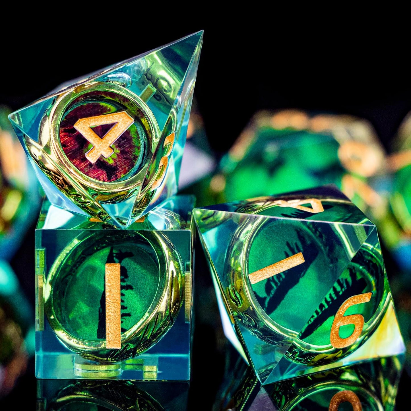 Magic Golden Ring DND Dice Set Sharp Edge Red Gaze Eye Resin Dice with Box, for use with RPG D&D Tabletop Games Lord Green D and D Polyhedral Dice Set