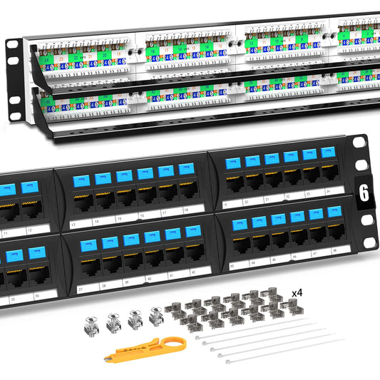 AMPCOM CAT6 48 Ports Patch Panel, Rack Mount - 2U, 19 inch, RJ45 Ethernet 568A 568B, 50u Gold Plated, with Rear Cable Management Bar
