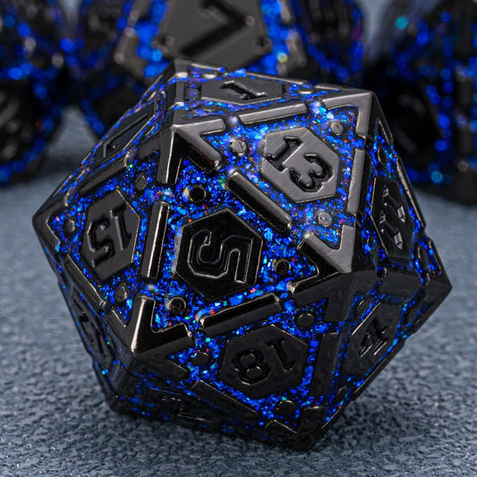 DND Metal Dice Set with Cracks, Polyhedral Dice for RPG D&D Dungeons and Dragons RPG TTRPG D and D 7-Die with Gift Case (Black Nickel Sapphire Blue)