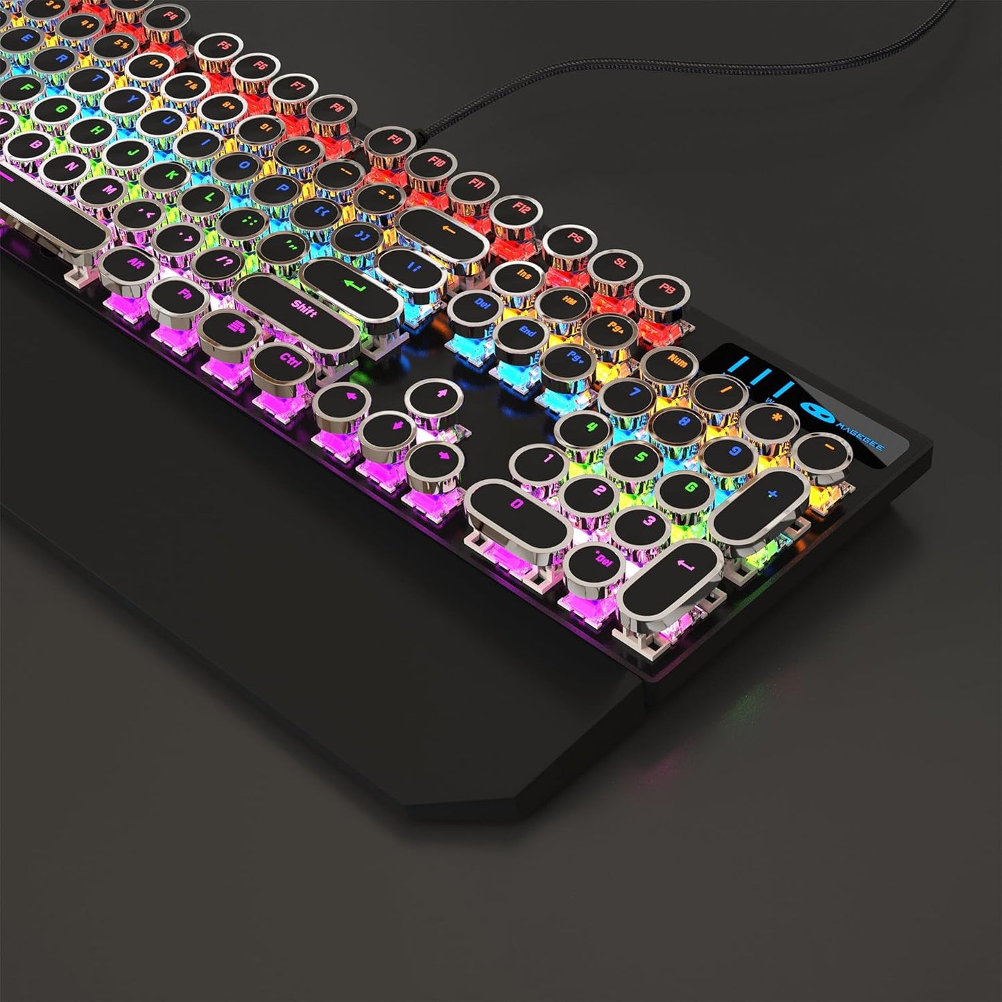 MageGee Typewriter Mechanical Gaming Keyboard, Retro Black Punk Round Keycaps RGB Rainbow Backlit Wired Keyboards for Laptop MAC PC Gamer, with Magnetic Wrist Rest - Blue Switch