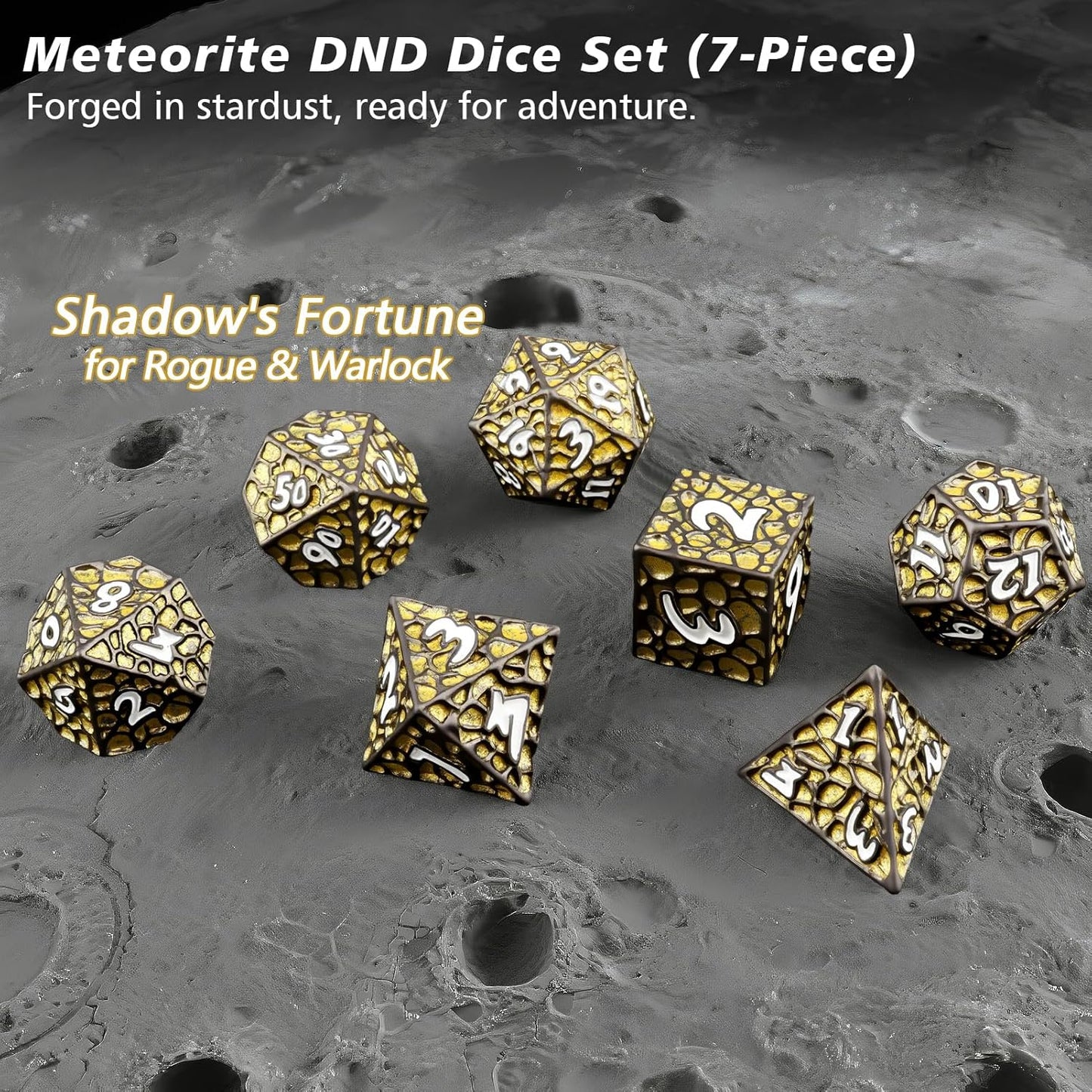 PJOY Metal D&D Dice Set for Dungeons and Dragons Dice with Case Meteorite Black Gold Glitters 7PCS 16mm Role Playing Cool DND Gifts for Players DM Board Game Masters