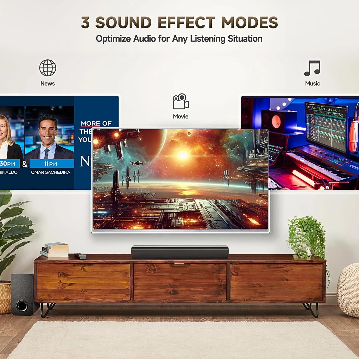 Sound Bar Speakers Bluetooth Wireless, TV Speakers Sound Bar Subwoofer, Home Theater Surround Sound Bar HDMI(ARC) Optical AUX USB 2.1ch Home Audio Sound System TV PC Wall Mount, Ebblack