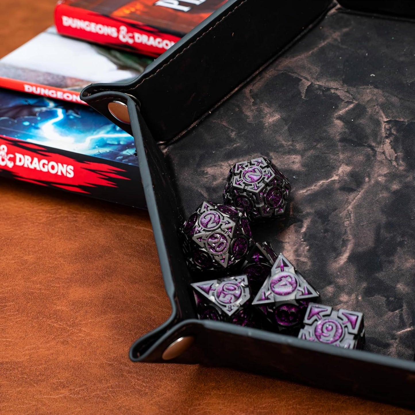 Purple Black Nickel Finish Heavy Metal DND Dice Set (Warlock) with A Metal Box, Sharp Edge Zinc Alloy D&D Accessories, D4-D20, Designed for Dungeons & Dragons Master, RPG Player, Starter
