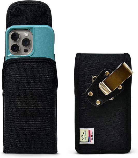 Turtleback Belt Clip for iPhone 16 Pro, 16e, 15 pro 14 Pro 13 Pro -Medium- Fits w/Shockproof Commuter Style Cases - Premium Black Nylon, Vertical Belt Holder, Magnetic Closure, HD Rotating Clip