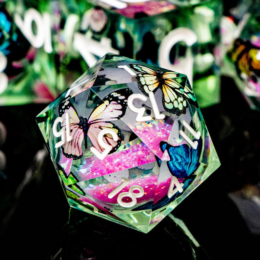 Butterfly DND Dice Pink Liquid Core Dice Set with Metal Box, Handmade Sharp Edge D and D Polyhedral Dice for use with D&D Role Playing Game, D20 D12 D10 D8 D6