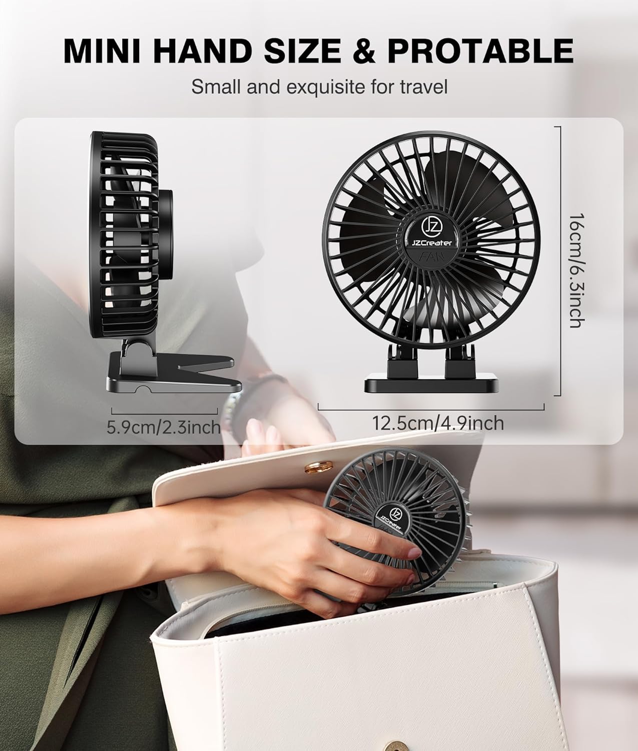 JZCreater USB Desk Fan, Mini Portable, 3 Speeds - Quiet Personal Cooling Fan for Home Desktop Office Travel Bedroom, Deep Black (2Pack)