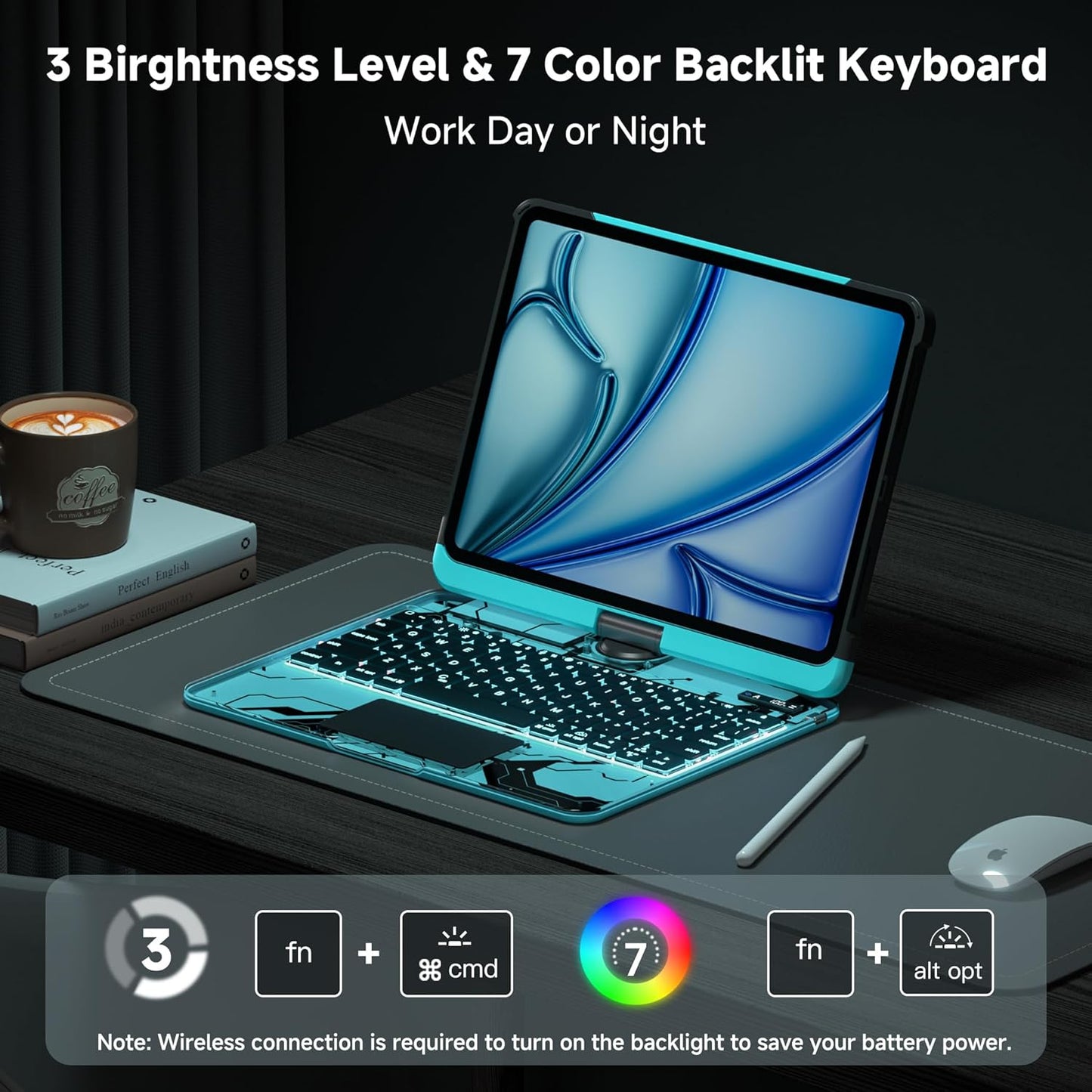 iPad Keyboard Case for 2024 M4 iPad Pro 13 inch, Magic Wireless Keyboard with Trackpad 7 Color Backlit, 360° Rotating Stand Transparent Protective Cover with Pencil Holder (Cyan)