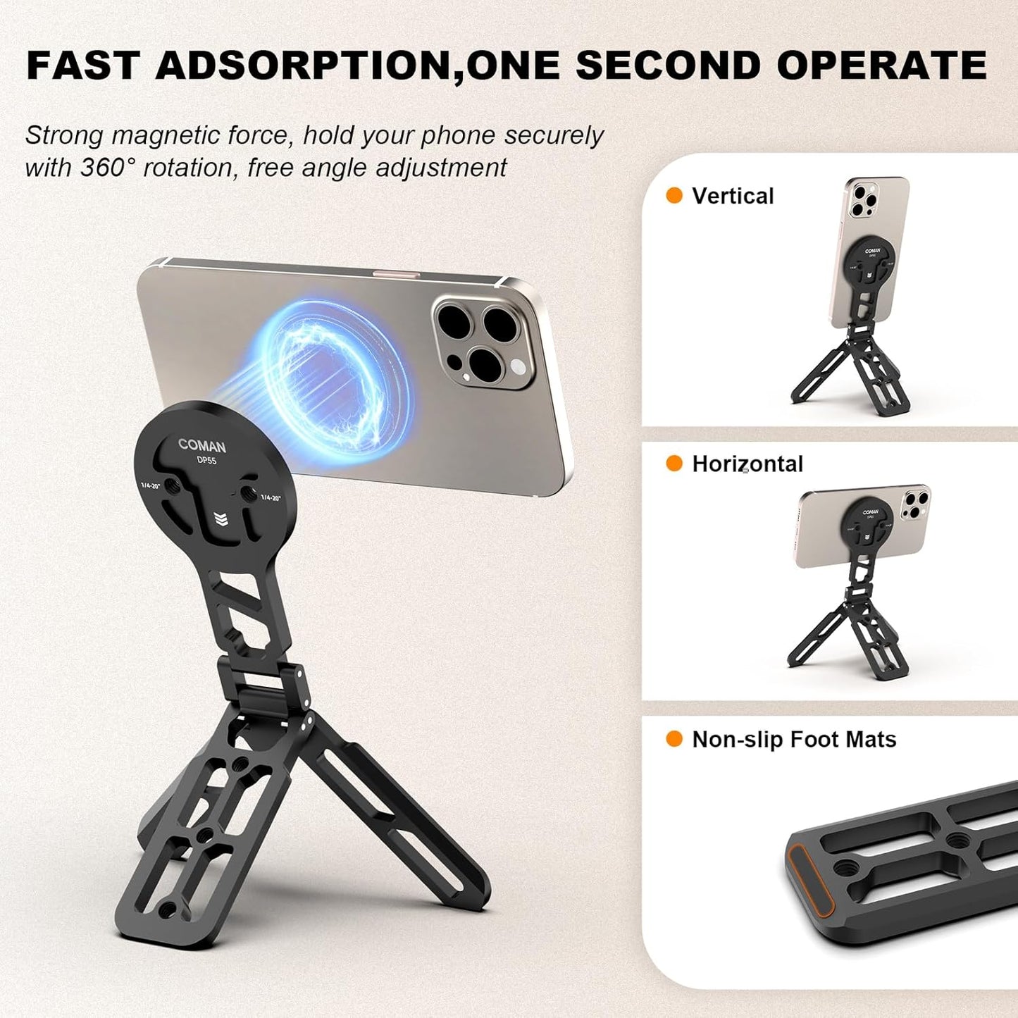 COMAN DP55 Magnetic Phone Tripod for iphone, Foldable Magnetic Mini Tripod Pocket Cell Phone Stand with Arca-Swiss, 1/4'' Screw Hole, Cold Shoe Mount, Compatible with Magsafe for iPhone 16/15/14/13/12
