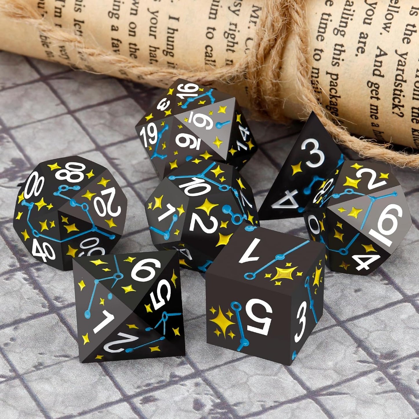 PJOY Metal Dice Set D&D Star DND Dice Set Polyhedral Dice for RPG Role Playing Games Dungeons and Dragons TTRPG Black Yellow Blue DND Dice for DND Gamers