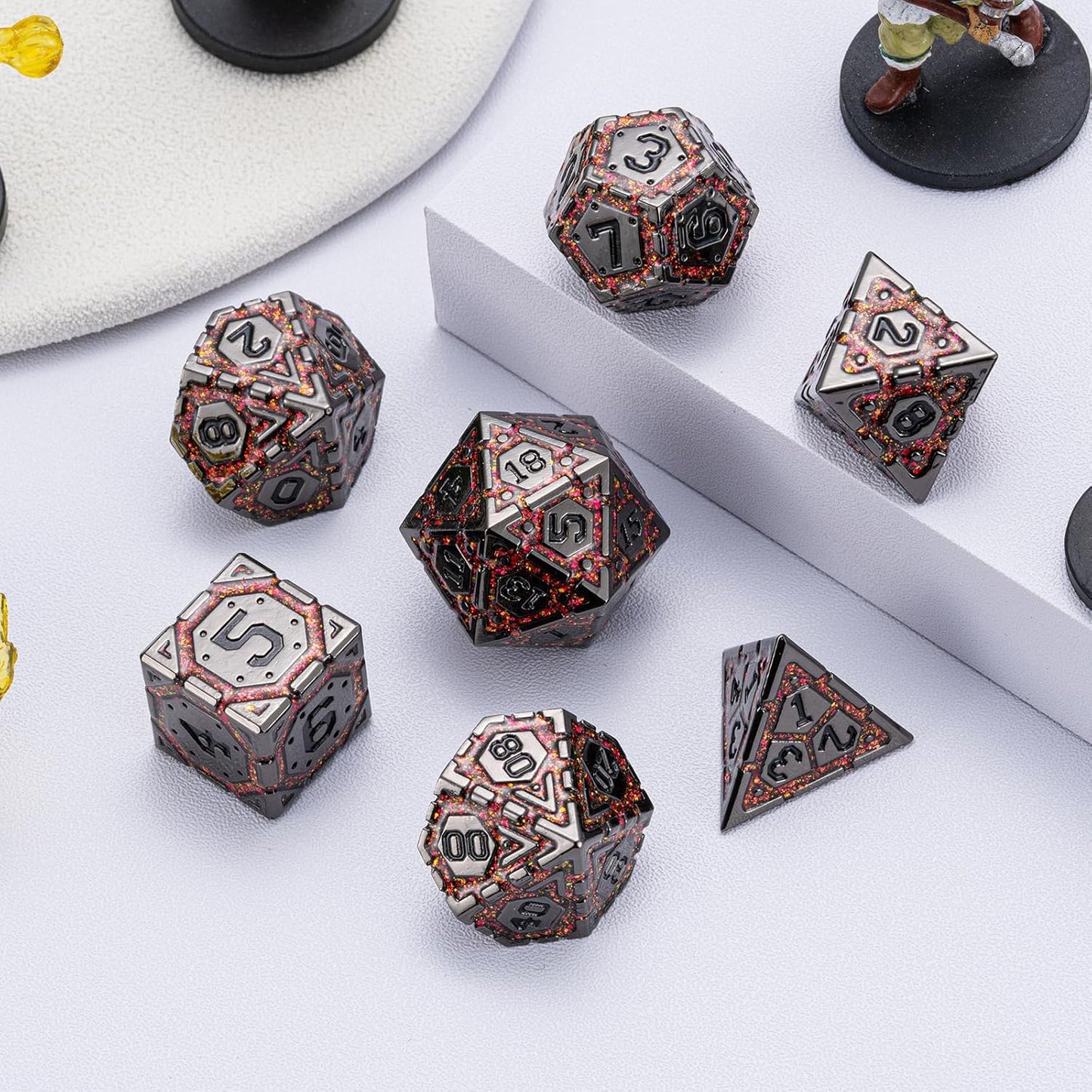 DND Metal Dice Set, Polyhedral Dice Set for RPG D&D Dice with Cracks Dungeons and Dragons Dice Set for RPG TTRPG D&D Die with Gift Case(Black Nickel Red)