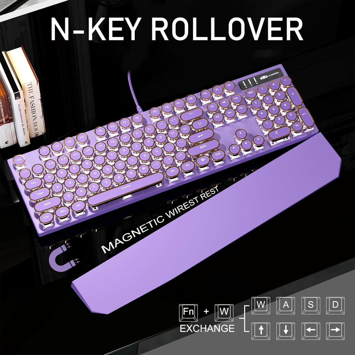MageGee Typewriter Mechanical Gaming Keyboard, Retro Punk Purple Round Keycaps, 104 Keys LED White Backlit Wired Keyboards for Laptop MAC PC Gamer, with Magnetic Wrist Rest, Blue Switch