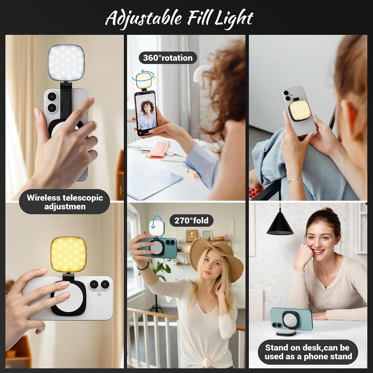 Magnetic Selfie Light for Phone: 5 Led Mode with Mirror Compatible for iPhone & Android - Rechargeable Portable Fill Light for Photography/Video Recording/Conference/Vlog/Makeup (Black)