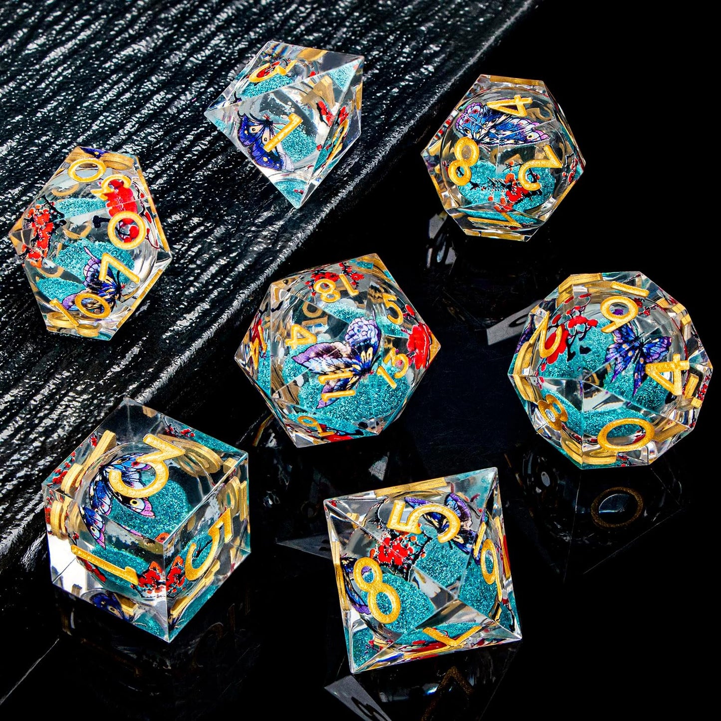 Butterfly DND Dice Blue Liquid Core Dice Set with Metal Box, Handmade Sharp Edge D and D Polyhedral Dice for use with D&D Role Playing Game, D20 D12 D10 D8 D6