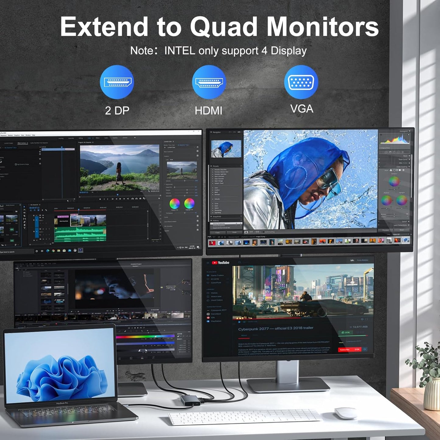 USB C Docking Station Dual Displayport Monitor Adapter for Dell/HP/Lenovo Laptop, Laptop Docking Station 3 Monitors with HDMI 4K+2 DP+VGA USB-C Hub Quadruple Display, Thunderbolt Dock to 100W PD+3USB