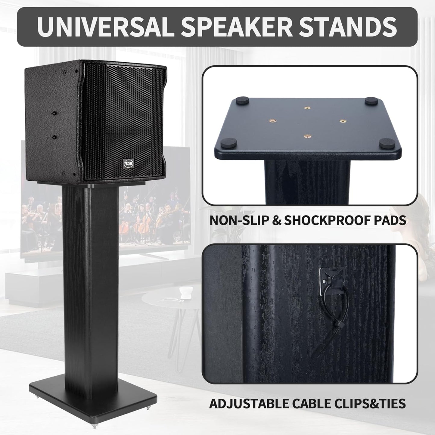 24 Inch Speaker Stands Wood Grain Universal Floor Speaker Stands Pair Heavy Duty Surround Sound Speaker Monitor Stand for Home Theater with Sand Filling Tuning Function - Black