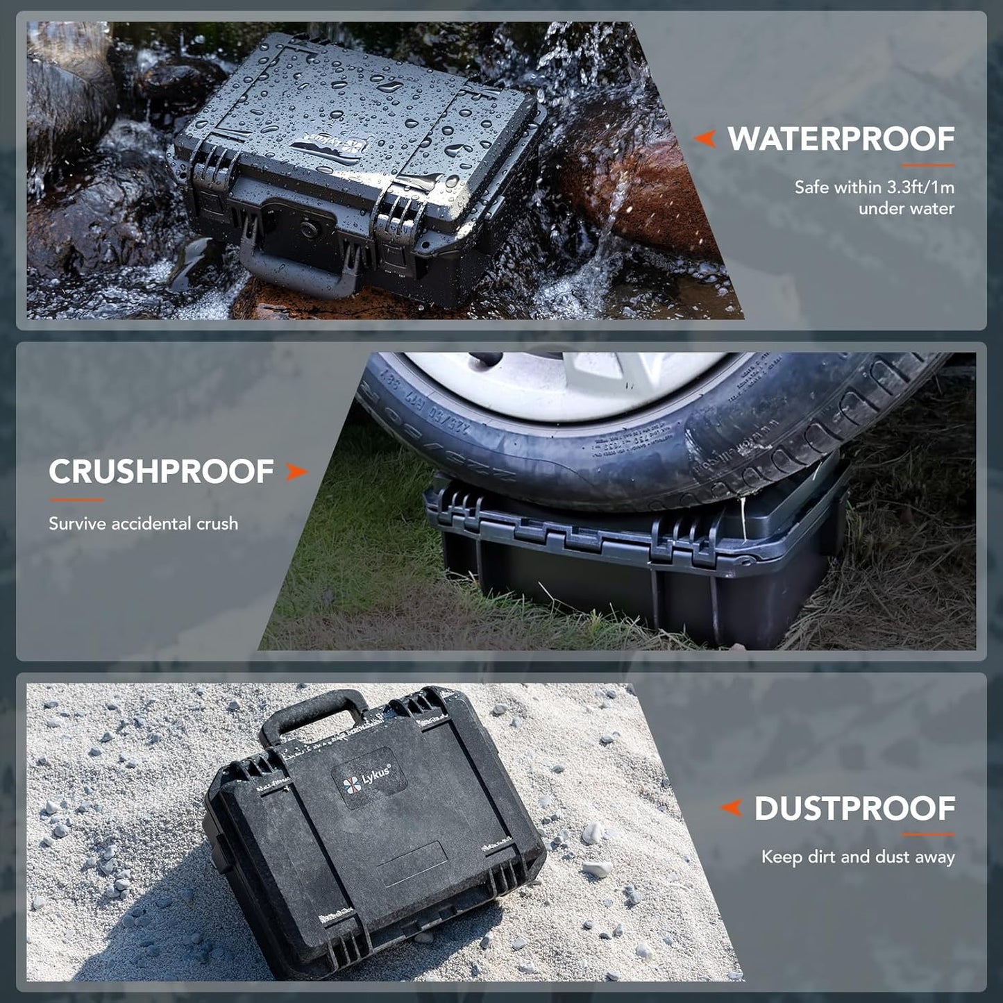 Lykus HC-3310 Waterproof Hard Case with Customizable Foam Insert, Interior Size 12.99x8.27x5.31 in, Suitable for pistol,camera,lens,drone,mic,flashlight,telescope,action cam,electronics,tools,and more