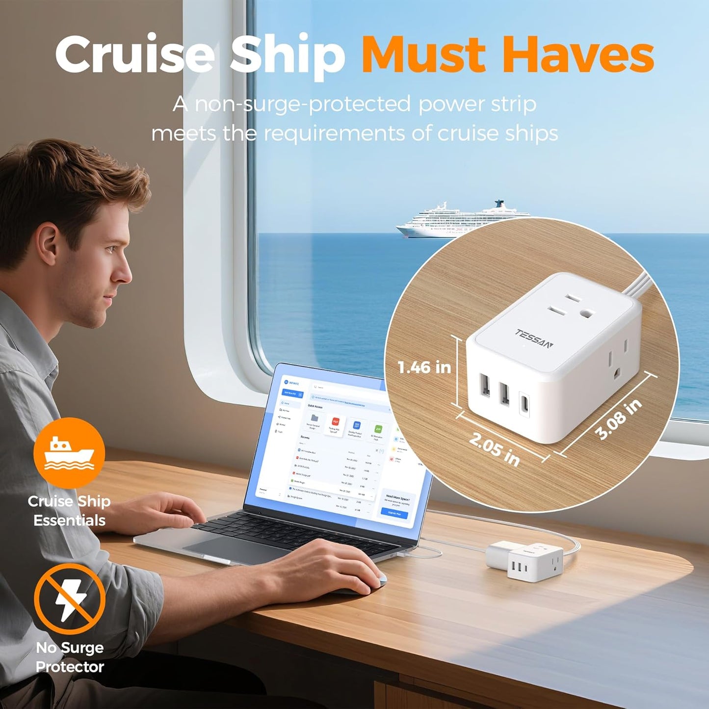TESSAN Cruise Essentials, Flat Plug Power Strip, 5 Ft Extension Cord with 3 USB (1 USB C), 3 Outlets Small Charging Station, Non Surge Protector for Cruise Ship Travel, Dorm, Home Office, White
