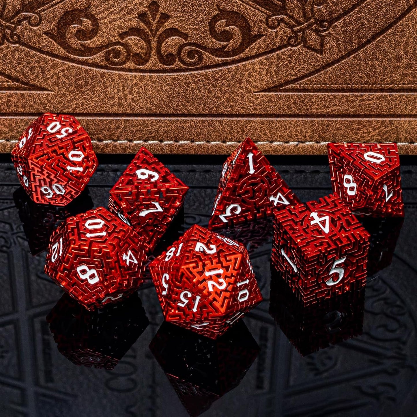 Red Metal Hollow DND Dice Set (Barbarian) Metallic Luster Maze Design with Storage Box - Balanced Weight 7 Piece Zinc Alloy, Designed for Dungeons and Dragons DM and Player RPG Accessories