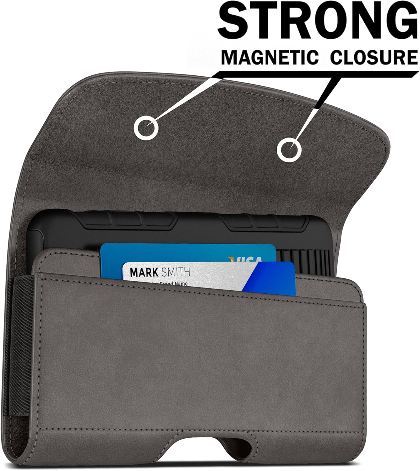 PiTau Holster for iPhone Pro Max & Plus 16, 15, 14, 13, 12, 11, 8, 7, 6, 6s, XS Max, Men's Cell Phone Case with Belt Clip ID Card Holder for Samsung Galaxy S25+, Fits with Case Cover on, Pewter Large