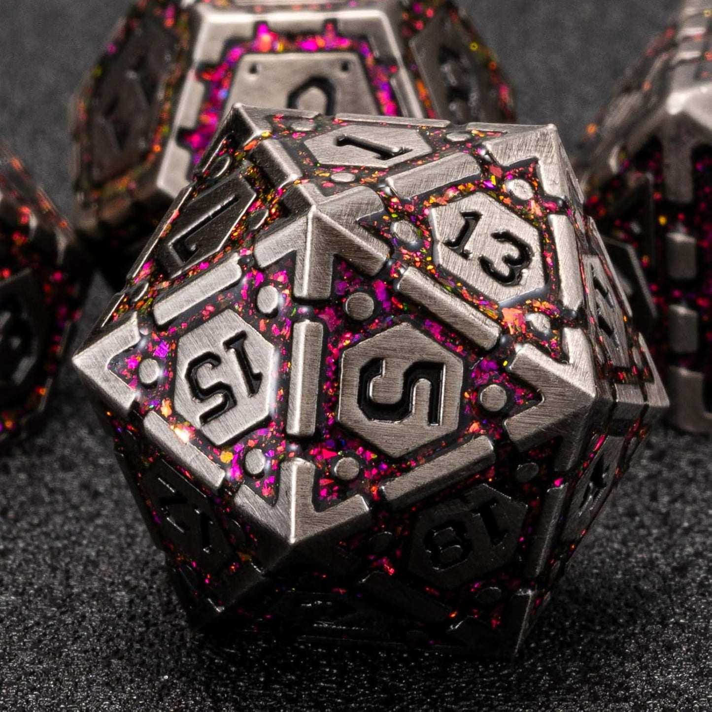 Metal DND Dice Set, Polyhedral Metallic Dice with Cracks for Dungeons and Dragons RPG TTRPG D&D 7-Die Set with Gift Case