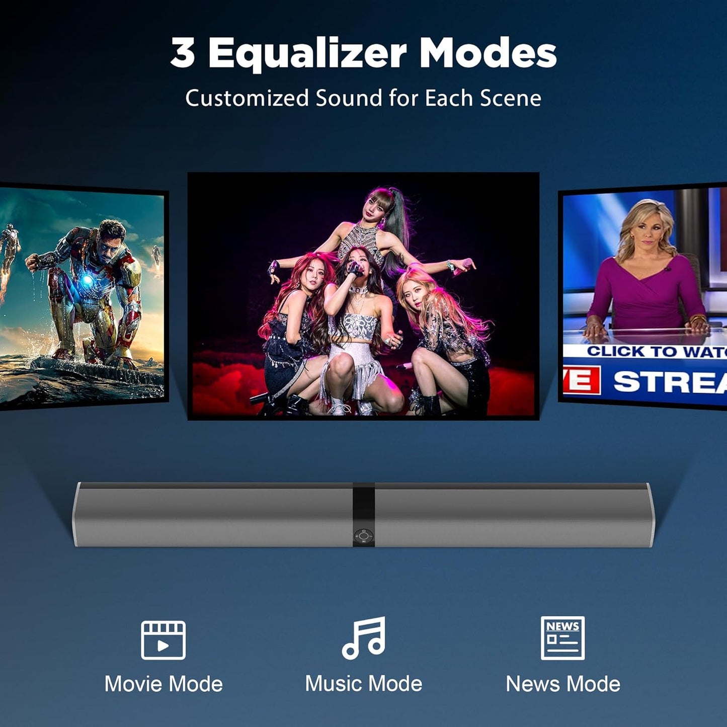 Sound Bar, 80W Soundbar with Bluetooth/ARC/Opt/AUX Connect, with Volume Boost, 3 Equalizer Modes, 2 in 1 Detachable Soundbar for TV/PC/Gaming/Projectors