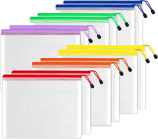 SUNEE Plastic Mesh Zipper Pouch 9x13 in (6 Colors, 12 Packs),Extra Large Water-Resistant Zip Bag for School Office Supplies, Puzzles & Games Organizing Storage