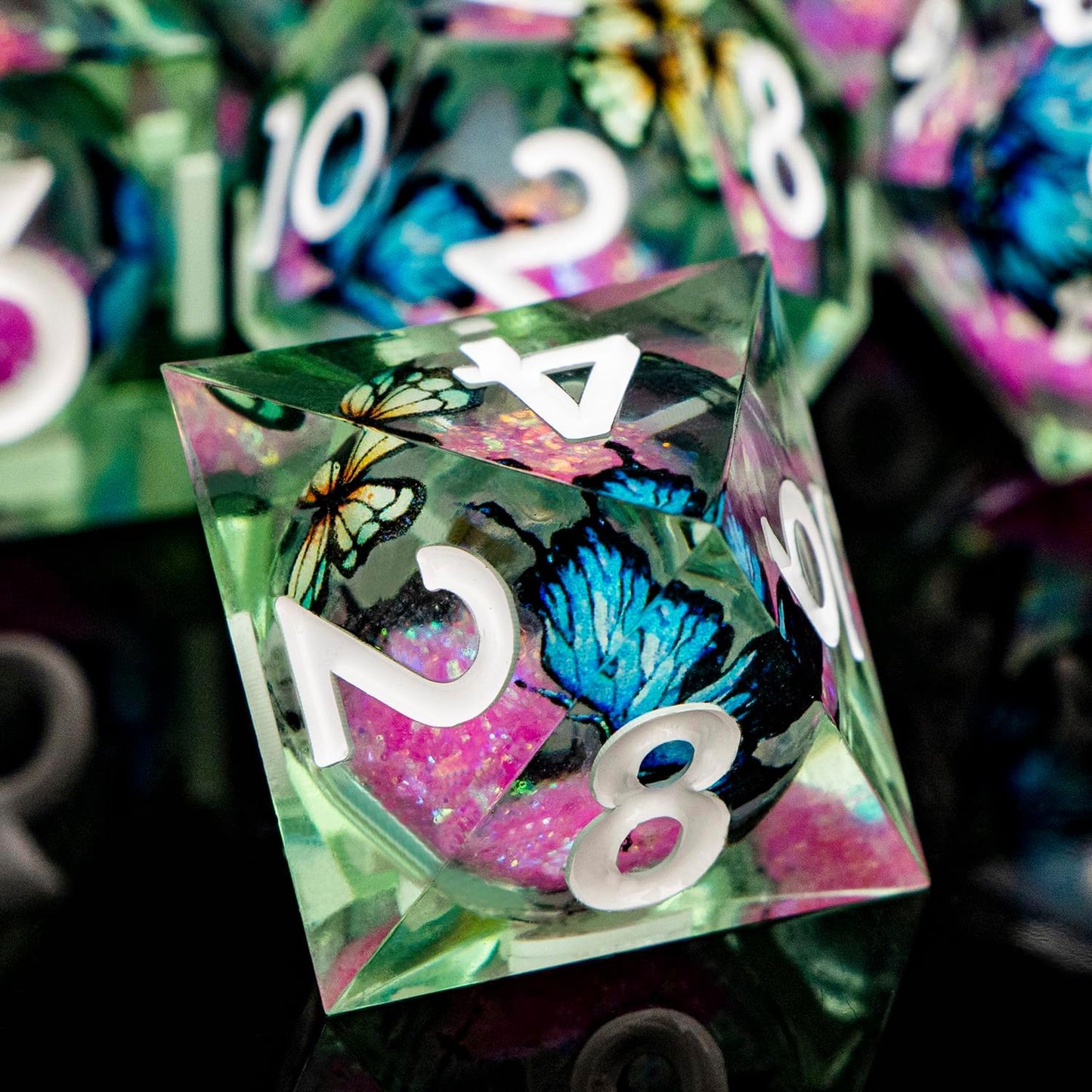 Butterfly DND Dice Pink Liquid Core Dice Set with Metal Box, Handmade Sharp Edge D and D Polyhedral Dice for use with D&D Role Playing Game, D20 D12 D10 D8 D6