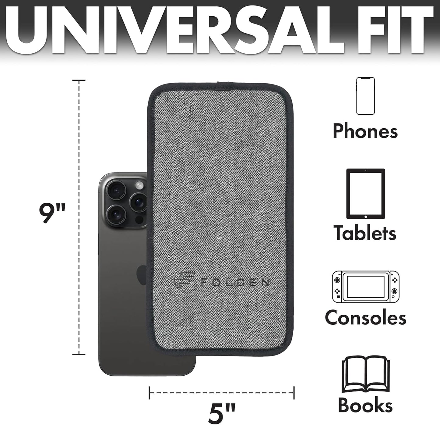 Folden Phone & Tablet Holder Stand 9x5” – Flexible Stand for Flying, Traveling, in-Flight, Zoom Video Calls, Books – Airplane Travel Essential, Compatible with iPhone, Android, Kindle (Tweed)