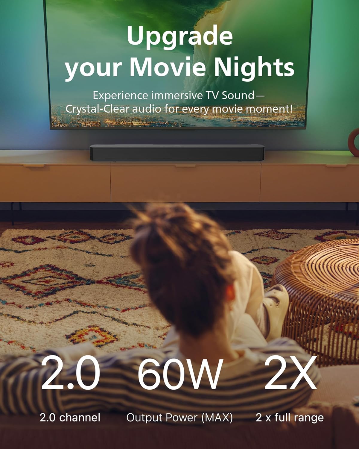 Philips B4000 Soundbar for TV, 2.0 Channel Sound, BT LE Audio, Easy Setup, EasyLINK, Roku TV Ready, Remote Control