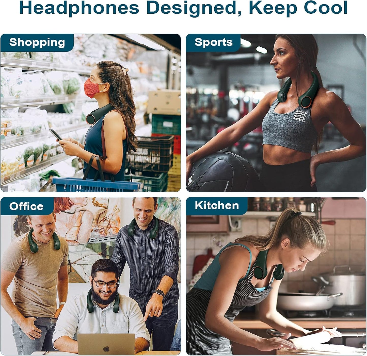 CIVPOWER Neck Fan: Portable Personal Neck Cooling Rechargeable Bladeless Fan - Hands Free 3 Speed 4000 mAh Battery USB Operated Wearable Headphone Design - for Men Women Outdoor Indoor (Dark Green)