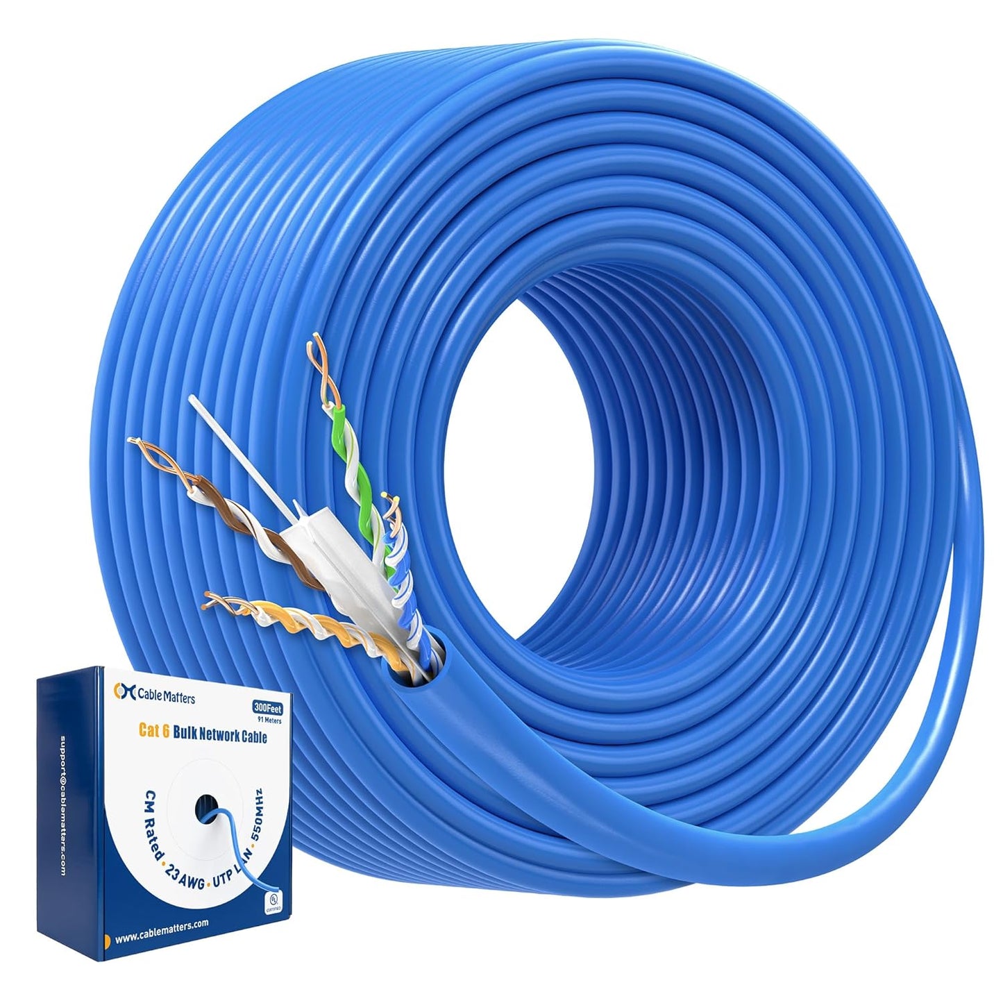 Cable Matters [UL Listed] 10Gbps in-Wall Riser Rated (CMR) 23AWG Bare Copper Cat6 Ethernet Cable - 300ft, Cat 6 Ethernet Cable Spool, Cat 6 Cord Bulk, Blue